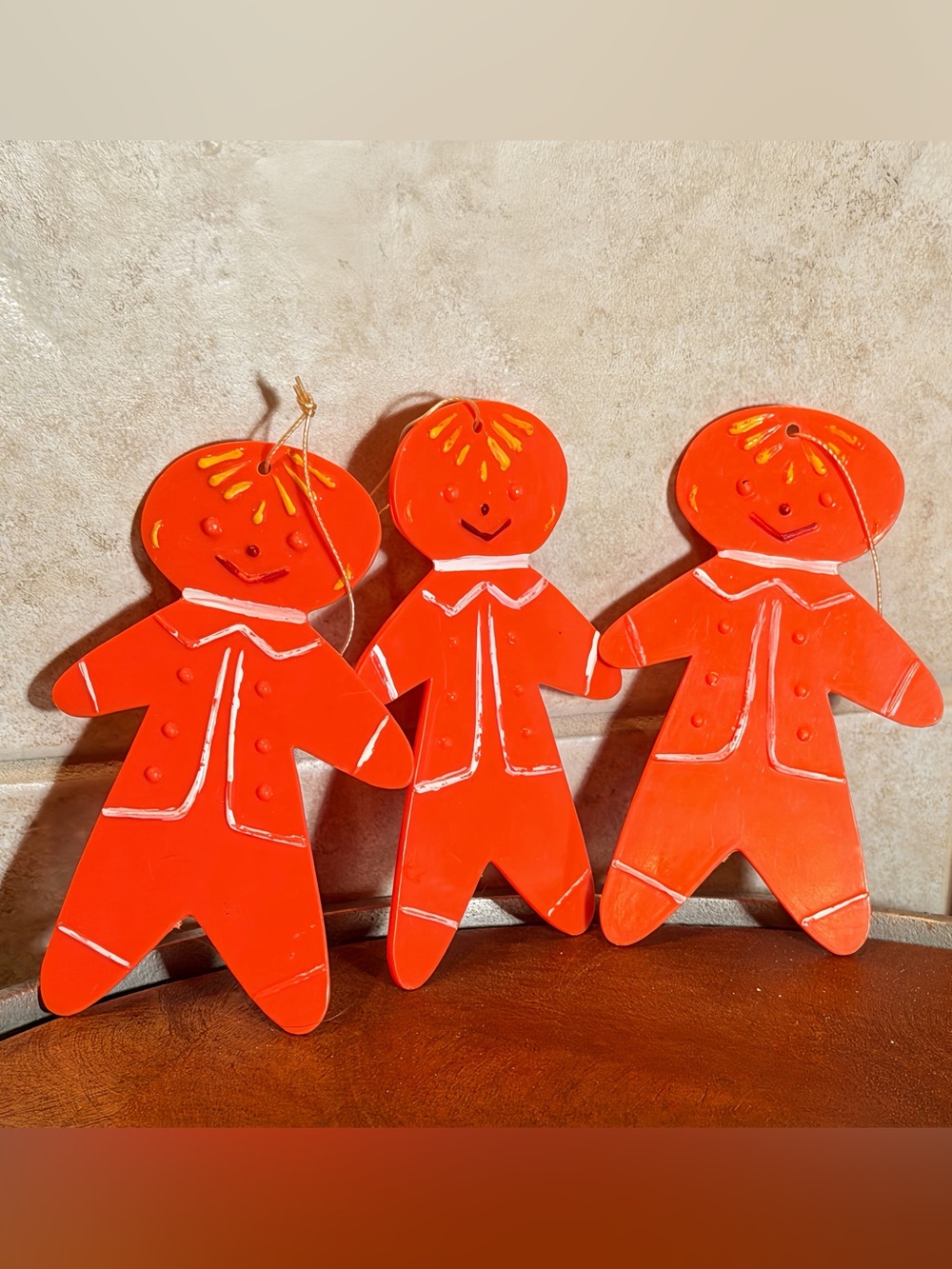 Vintage Rare 3 plastic orange gingerbread Christmas ornaments